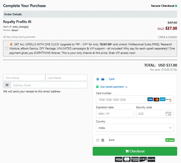 Royalty Profits AI-checkout-page